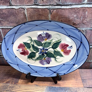 Vintage Gail Pittman Oval Platter Blue Floral Signed 1995 Hand-Painted- READ